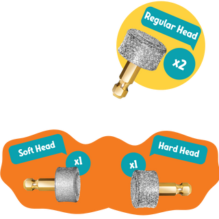 The different LuckyTail Nail Grinder buffing heads including the soft head, hard head and regular head