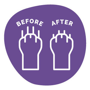 A purple and white icon indicating the before and after of using the LuckyTail Nail Grinder