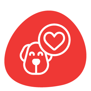 A red and white icon of a dog and heart
