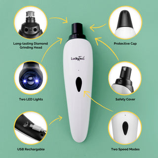 A LuckyTail Nail Grinder with arrows pointing to different functions of the pet nail buffing device