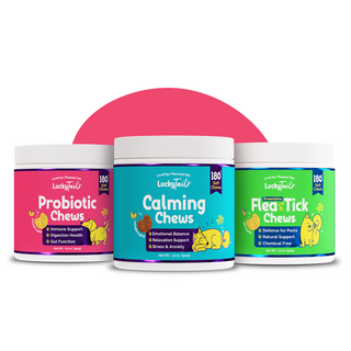 LuckyTail Ultimate Dog Health Supplement Pack – Flea & Tick Relief, Probiotic and Calming chews – Support Digestive and Healthy Growing – All Ages – Beef and Chicken Flavor